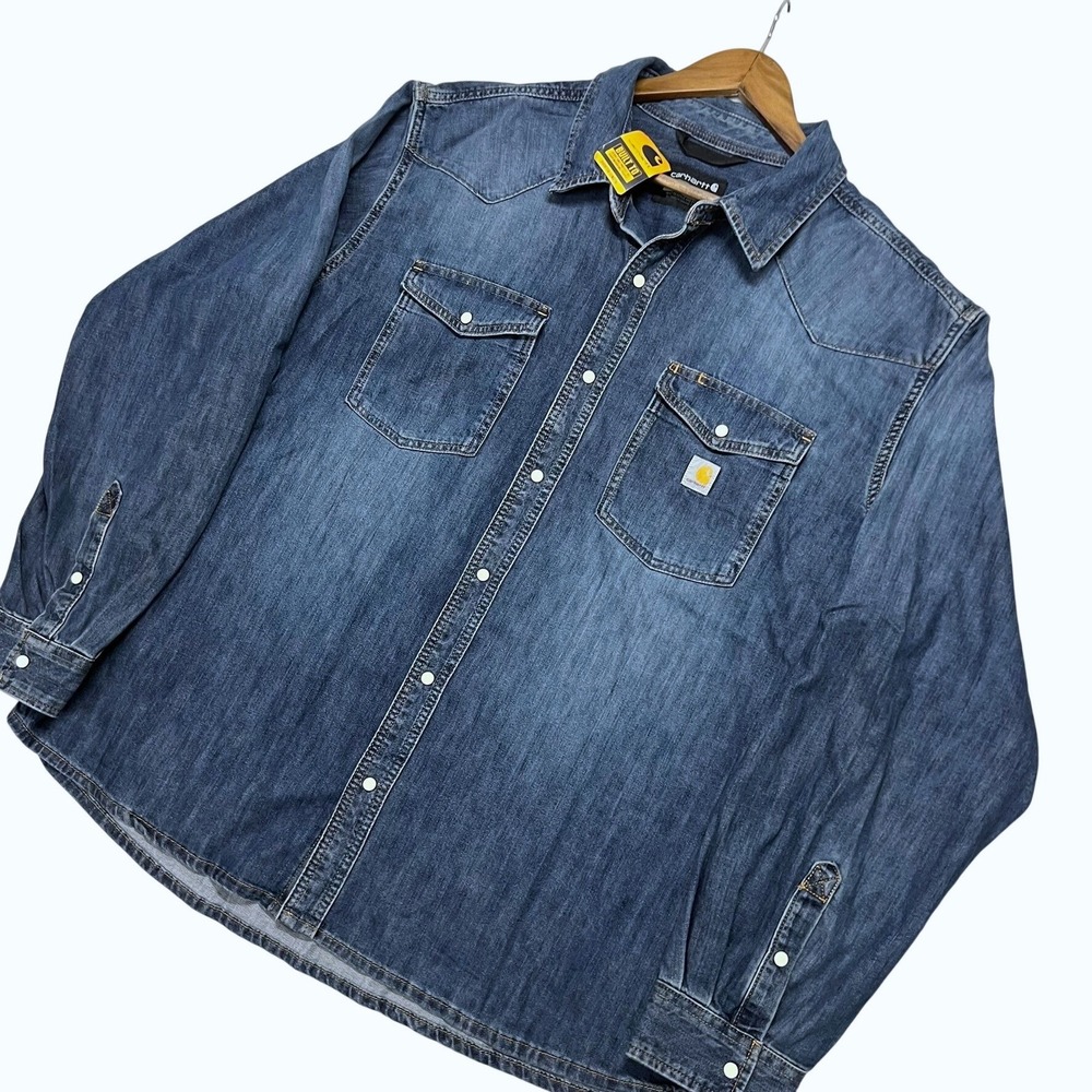 Carhartt Montana Relaxed Fit Denim Snap Front Western Shirt 2XL Blue 106429-HK3